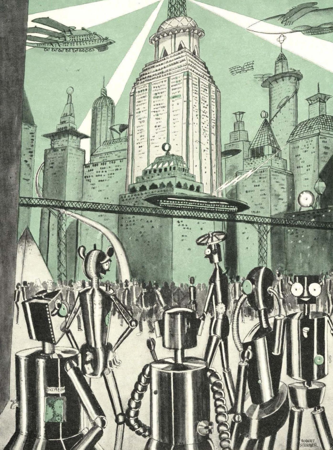 Robots and flying ships in 1928 art detail, from The Big T 1928 (page 8 crop)